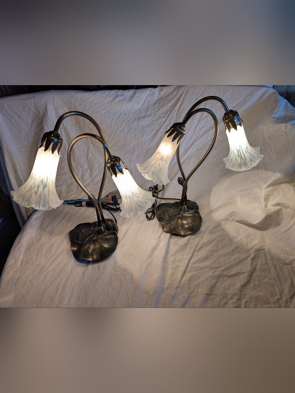 Vintage Brass Lily Table Lamps with Frosted White Shades